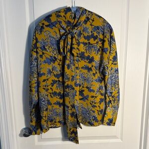 Banana Republic Mustard Yellow and Blue Floral Blouse Tie Scarf at Neck size M
